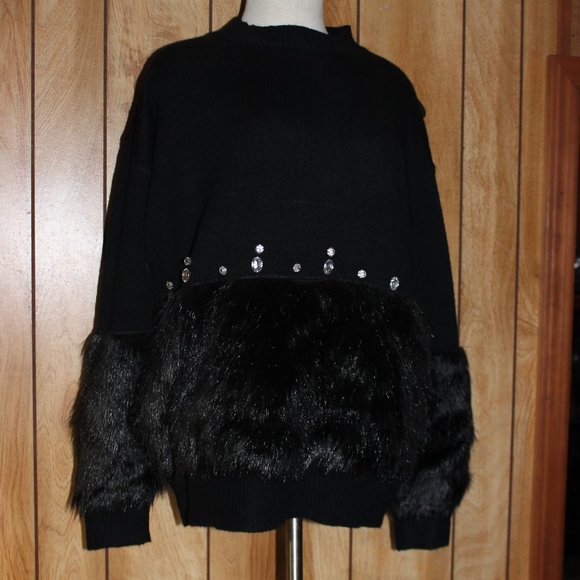 Sweaters - black faux fur rhinestone sweater size medium